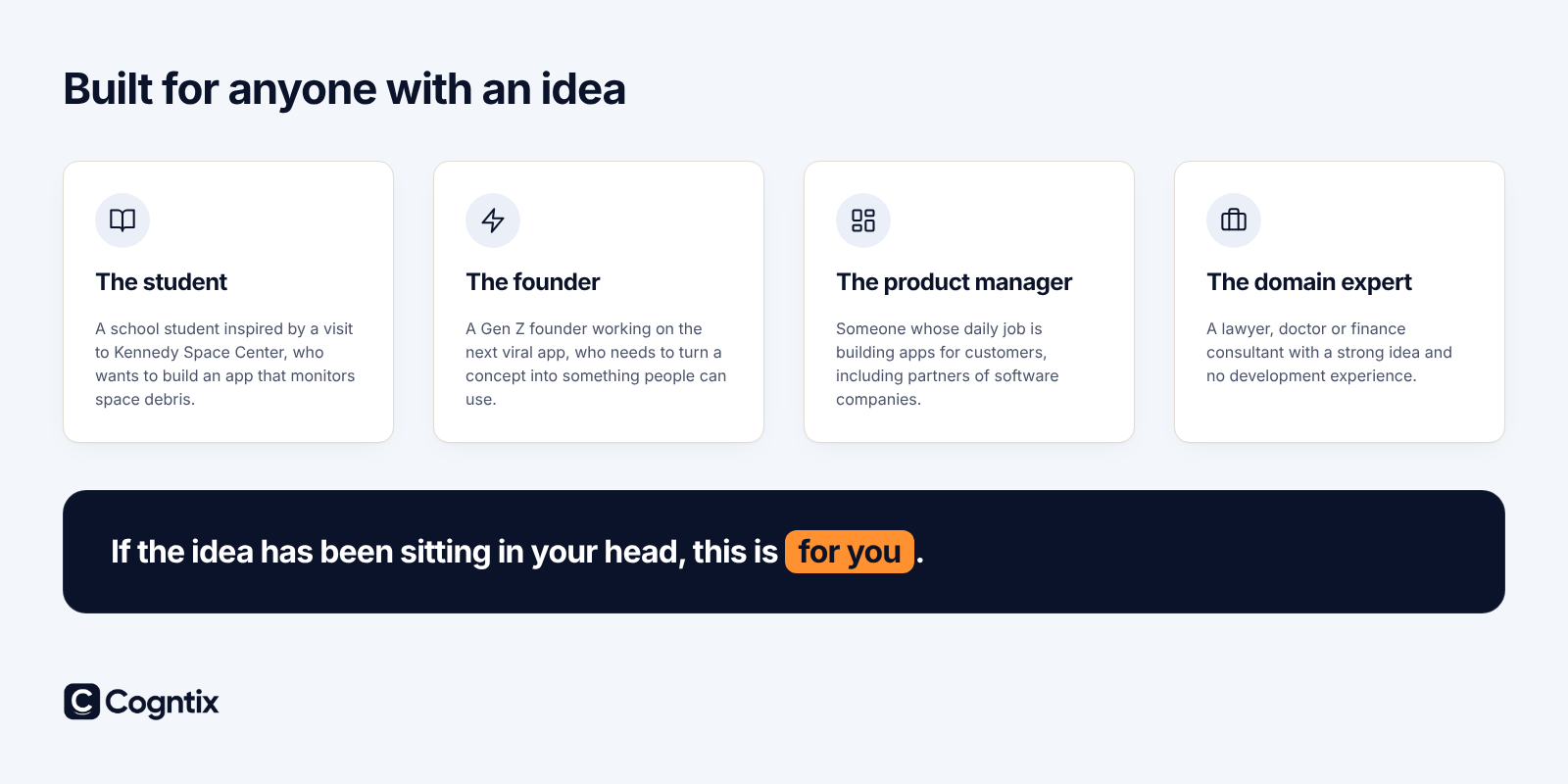 Audience examples: the student, the founder, the product manager and the domain expert